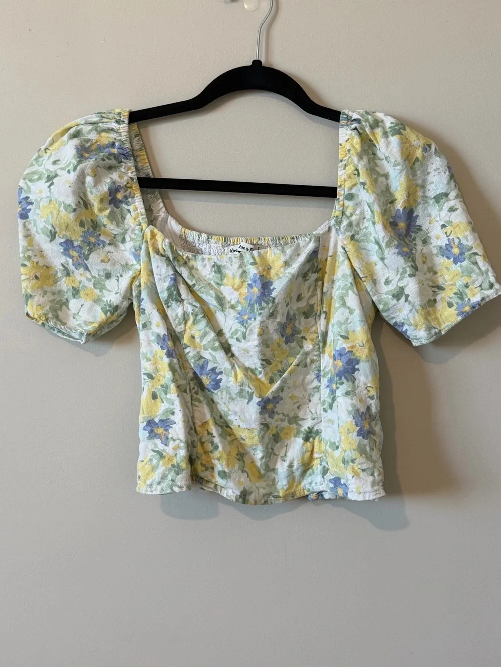 Abercrombie & Fitch Yellow and Blue Floral Puff-Sleeve Square Neck Top